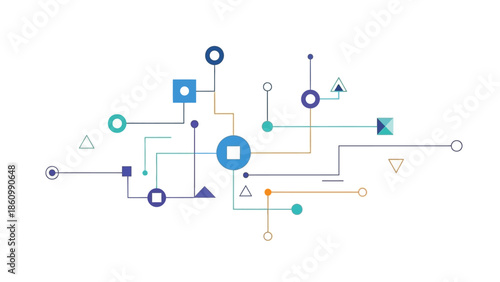 Abstract network of geometric shapes connected by colored lines on a white background