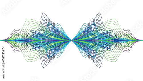 Abstract visualization of symmetrical oscillating green and blue lines converging