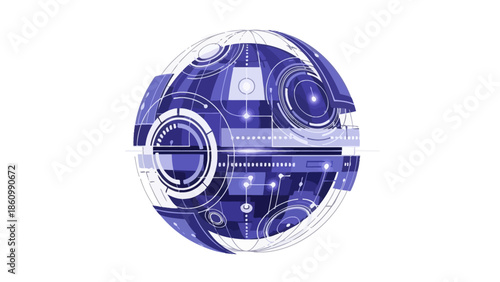 Stylized blue spherical object resembling a futuristic technology or space station