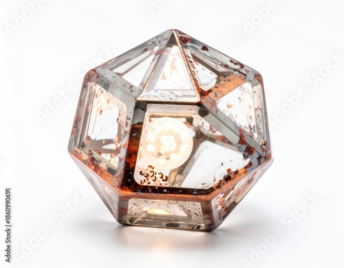 A faceted glass geometric lamp with a warm light glowing inside