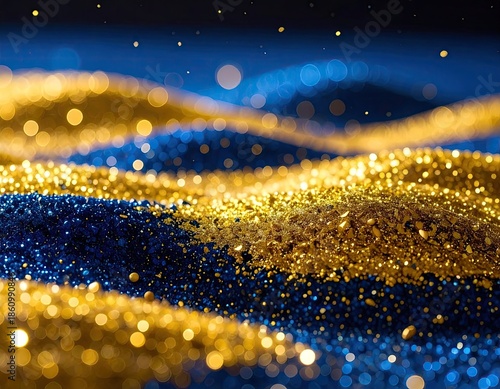 Glittering blue and gold waves, bokeh effect, sparkling particles