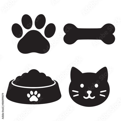 Silhouette of pet paw bone cat face and food bowl black vector collection symbols