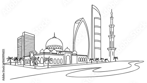 Modern and traditional architecture blend in a vibrant city skyline with palm trees and a winding path.