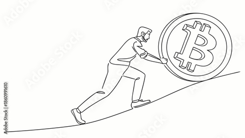 Man pushing large Bitcoin symbol up a steep incline, representing financial struggle and effort.