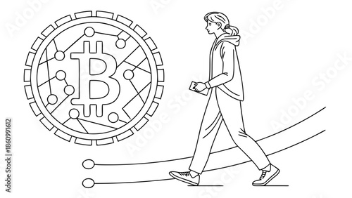 Person walking towards a large Bitcoin symbol, representing financial future and technology