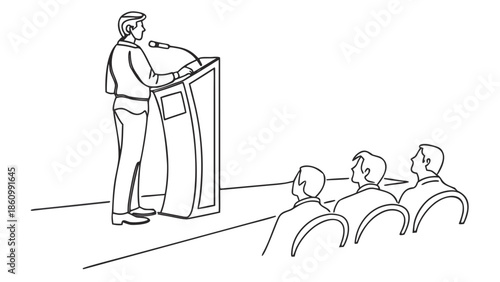 Speaker addressing an attentive audience from behind a podium on a stage.
