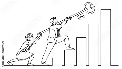 Teamwork elevates success, reaching for growth and opportunity with a guiding key.