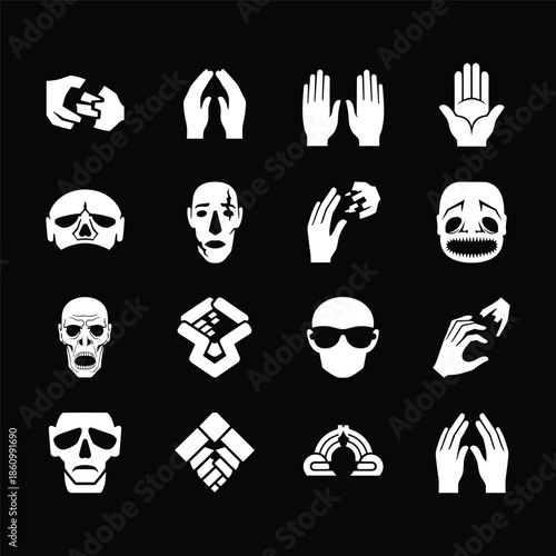 Hand and Mask Graphic Elements, Abstract Human Expression Shapes, Edgy Streetwear Gothic Icons