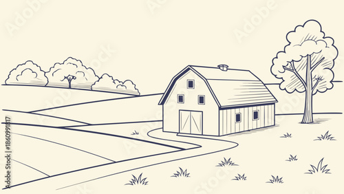 Rustic barn sits on rolling farmland under a clear sky, evoking a peaceful rural landscape.