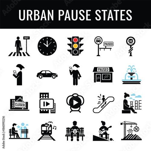 Urban Pause States Silhouette Figures and City Icons