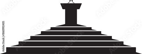 Black podium on a tiered platform with two hands raised