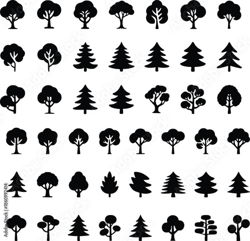 Collection of diverse black silhouette trees in various shapes and sizes