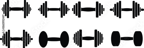 A collection of black dumbbell icons in various shapes and sizes