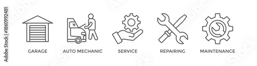 Car servicing banner web icon vector illustration concept with icon of garage, auto mechanic, service, repairing and maintenace