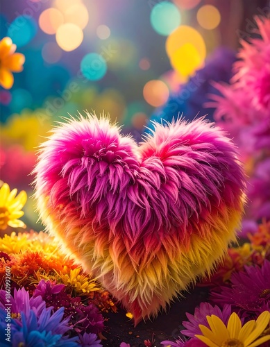 A fluffy heart, colored with rainbow hues, rests amid a vibrant, colorful garden of flowers with bokeh lights
