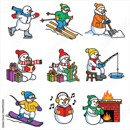 Snowmen enjoying winter activities and holidays
