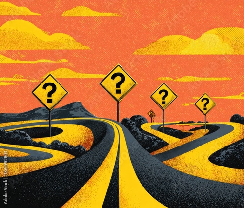 Wallpaper Mural Road with yellow question mark signs under orange cloudy sky Torontodigital.ca