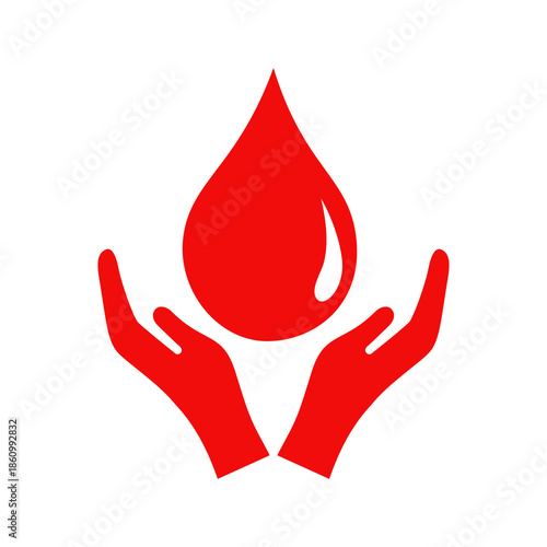 Drop  blood in hand icon, a concept for blood donor day. The red drop symbol represents volunteer blood donation. For web design, templates, infographics and more. flat vector illustration design