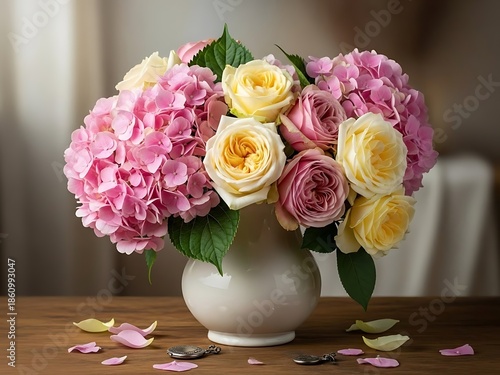 Elegant Hydrangea and Rose Floral Still Life - Beautiful Spring Bloom Arrangement
