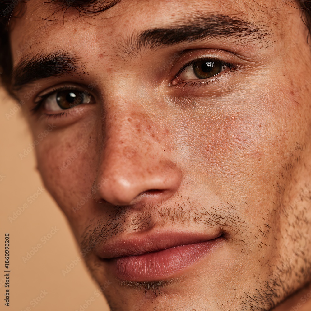 Obraz premium Detailed portrayal of skin, pores, freckles, and natural imperfections. Uses soft lighting and light makeup. Suitable for skincare, cosmeceutical, and skin health advertising.