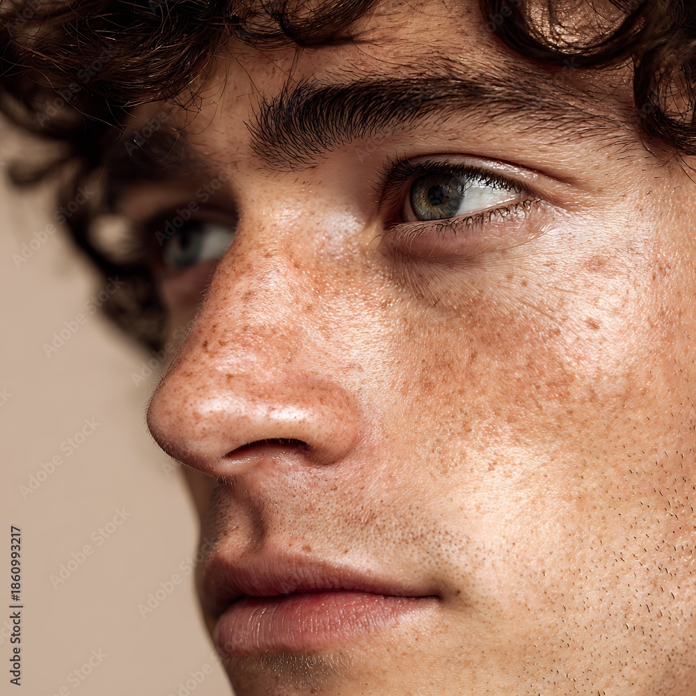 Fototapeta premium Detailed portrayal of skin, pores, freckles, and natural imperfections. Uses soft lighting and light makeup. Suitable for skincare, cosmeceutical, and skin health advertising.