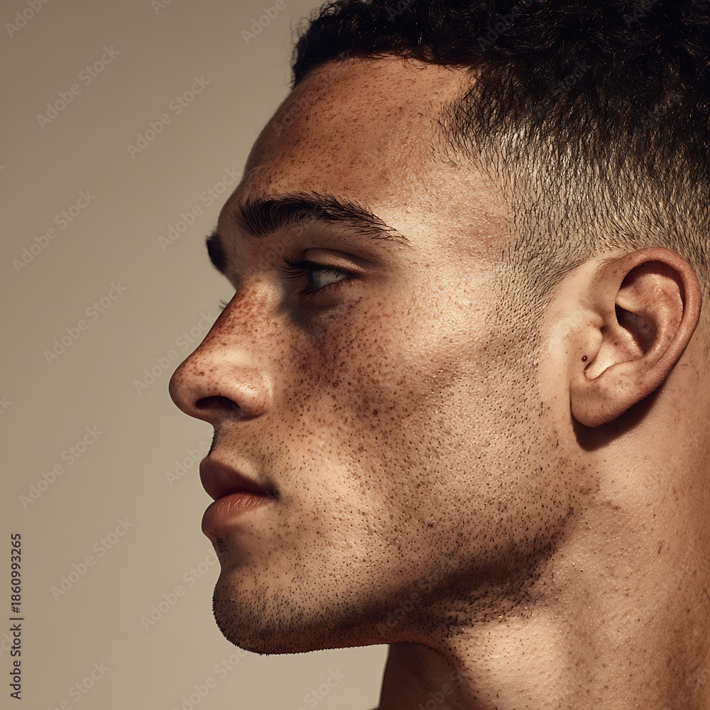 Obraz premium Detailed portrayal of skin, pores, freckles, and natural imperfections. Uses soft lighting and light makeup. Suitable for skincare, cosmeceutical, and skin health advertising.