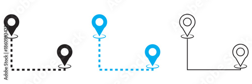 We've moved vector. Simple flat illustration showing two location pins connected by a dashed route, representing navigation, travel planning, and destination mapping concepts.

