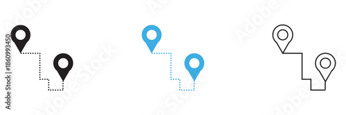 We've moved vector. Simple flat illustration showing two location pins connected by a dashed route, representing navigation, travel planning, and destination mapping concepts.
