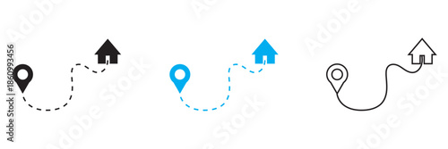 We've moved vector. Simple flat illustration showing two location pins connected by a dashed route, representing navigation, travel planning, and destination mapping concepts.
