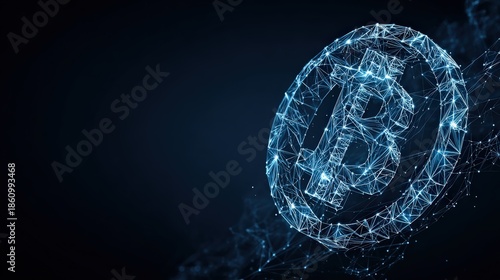 Wallpaper Mural A futuristic digital representation of Bitcoin, illuminated by electric blue lines and nodes, on a deep navy background. ..Created with Generative AI, not depicting real subjects. Torontodigital.ca