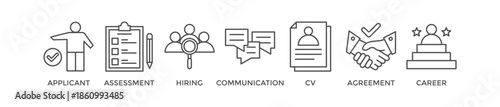 Job interview banner web icon vector illustration concept with icon of applicant, assessment, hiring, communication, cv, agreement and career