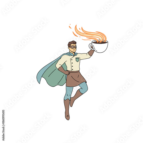 Superhero man holding flaming coffee cup and wearing cape  