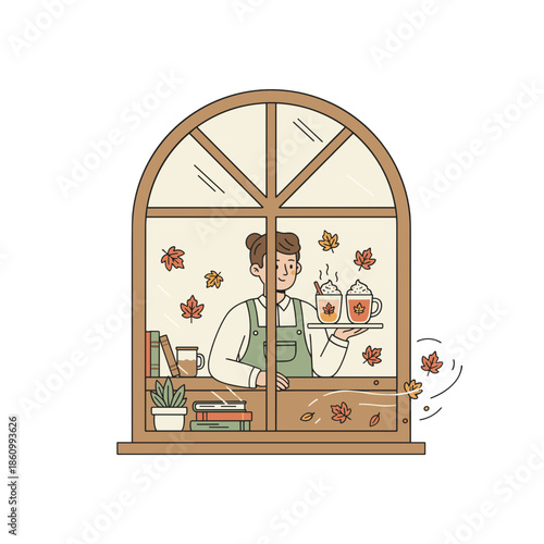 Barista serving autumn drinks from window of cozy cafe
