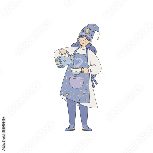 Woman in whimsical apron pouring tea in cozy kitchen setting  