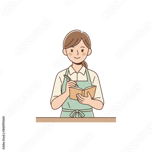 Young woman writing in notebook while smiling in casual attire  