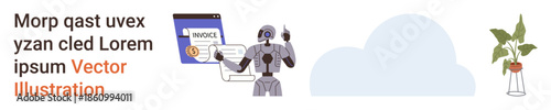 Fintech, AI automation, cloud computing, digital tools, machine efficiency, innovative technology. Robot interacting with an invoice document beside a cloud shape. Fintech and AI automation concept