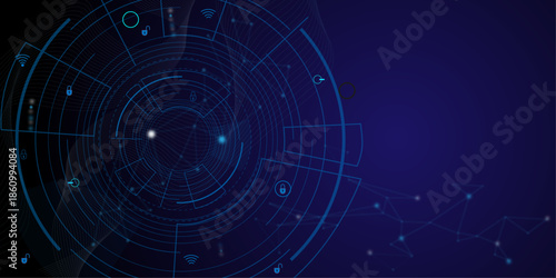 Cybersecurity and information or network protection. Cyber security concept. Digital shield icon glowing on circuit board background.