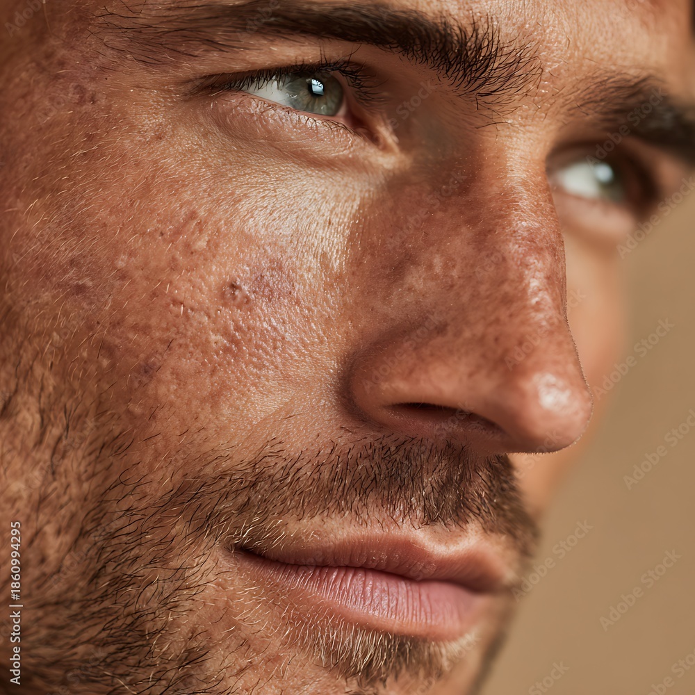 Obraz premium Detailed skin description, acne marks, and natural imperfections. Uses clean, soft lighting and light makeup. Suitable for skincare, cosmeceutical, and acne care advertising.