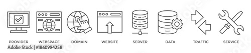 Web hosting banner web icon vector illustration concept with icon of provider, web space, domain, website, server, data, traffic and service