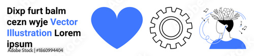 Emotional wellness, innovation, creativity, personal growth, artistic expression, idea generation. Blue heart, gear and head with music and flowers. Emotional wellness and innovation concept