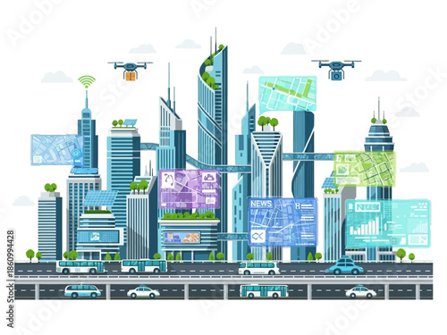 Futuristic cityscape with drones smart displays green roofs and multilevel roads