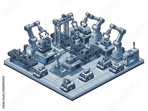 Isometric pixel art factory floor with robotic arms and automated guided vehicles