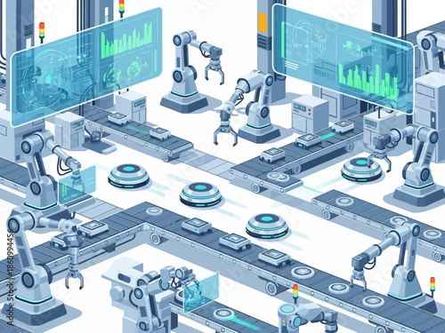 Isometric view of an automated factory floor with robotic arms and conveyor systems