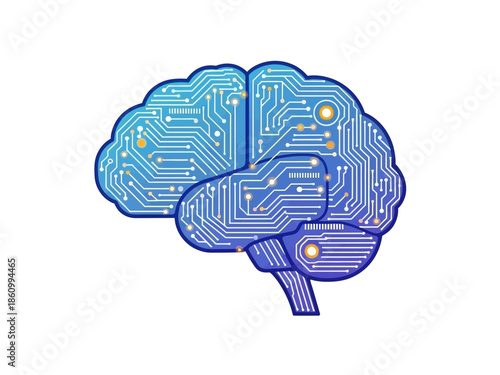 Stylized blue brain illustration with white circuit board tracings and orange nodes