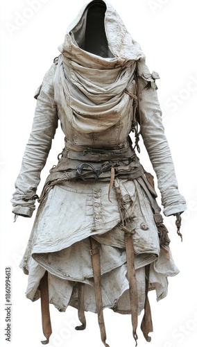 Distressed hooded tunic, layers, off-white/tan, aged fabric