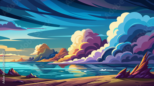 Sea horizon with dramatic cloud formations vector illustration