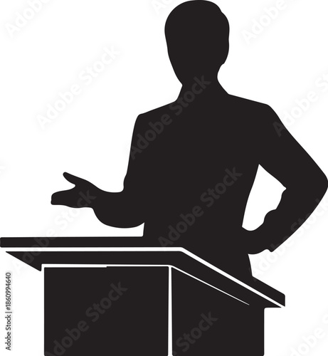 Silhouette of person standing at a podium with hand extended