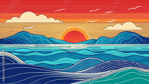 Minimal line-art sea vector with horizon and waves, modern style