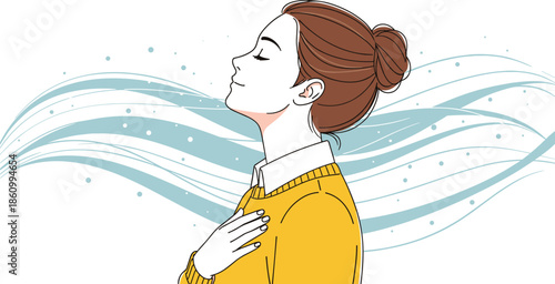 Calm woman practicing deep breathing, peaceful mindfulness relaxation illustration, mental health wellness, stress relief concept, tranquil lifestyle, self care inspiration artwork