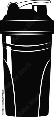 Black silhouette sports shaker bottle illustration for fitness, protein shake, gym hydration, healthy lifestyle accessory isolated on white background, modern design